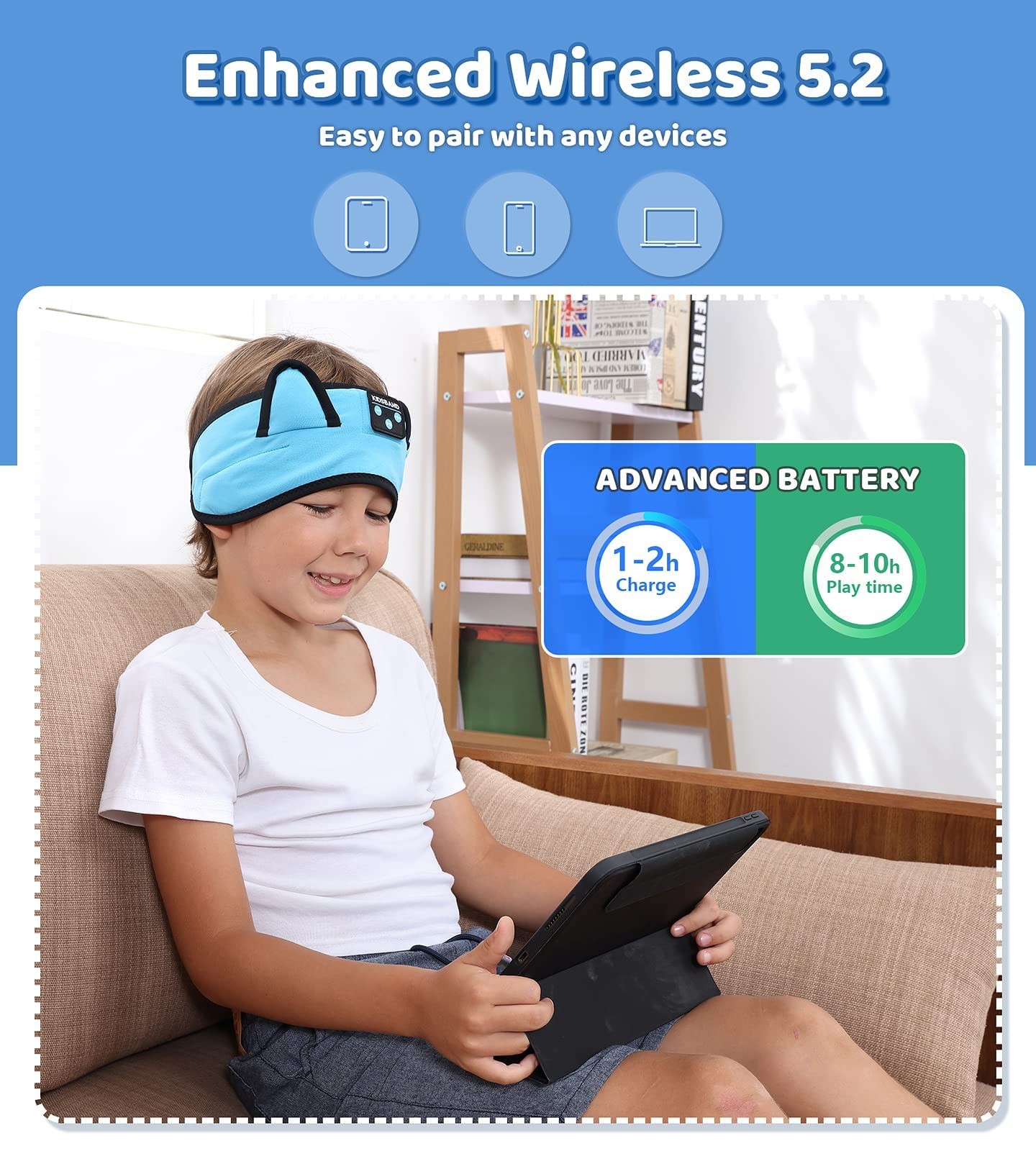 KIDSBAND Kids Headphones Bluetooth Headband 1 Count (Pack of 1), Blue