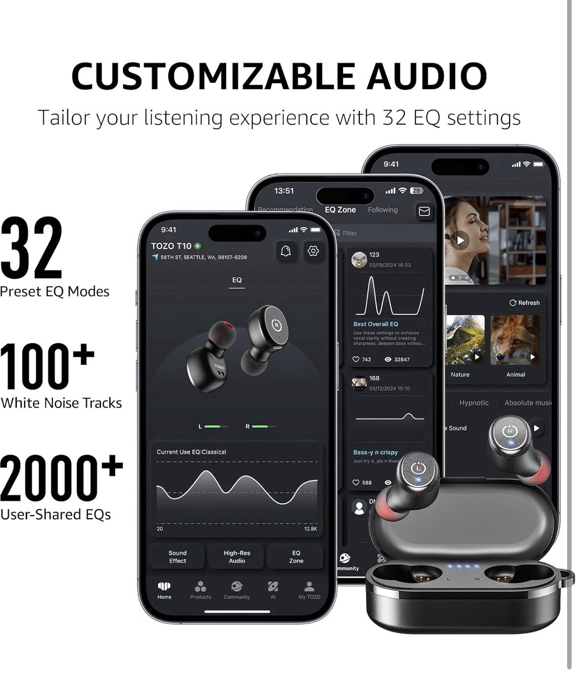 TOZO T10 Wireless Earbuds Bluetooth 5.3 Headphones – App Customize EQ – Khaki
