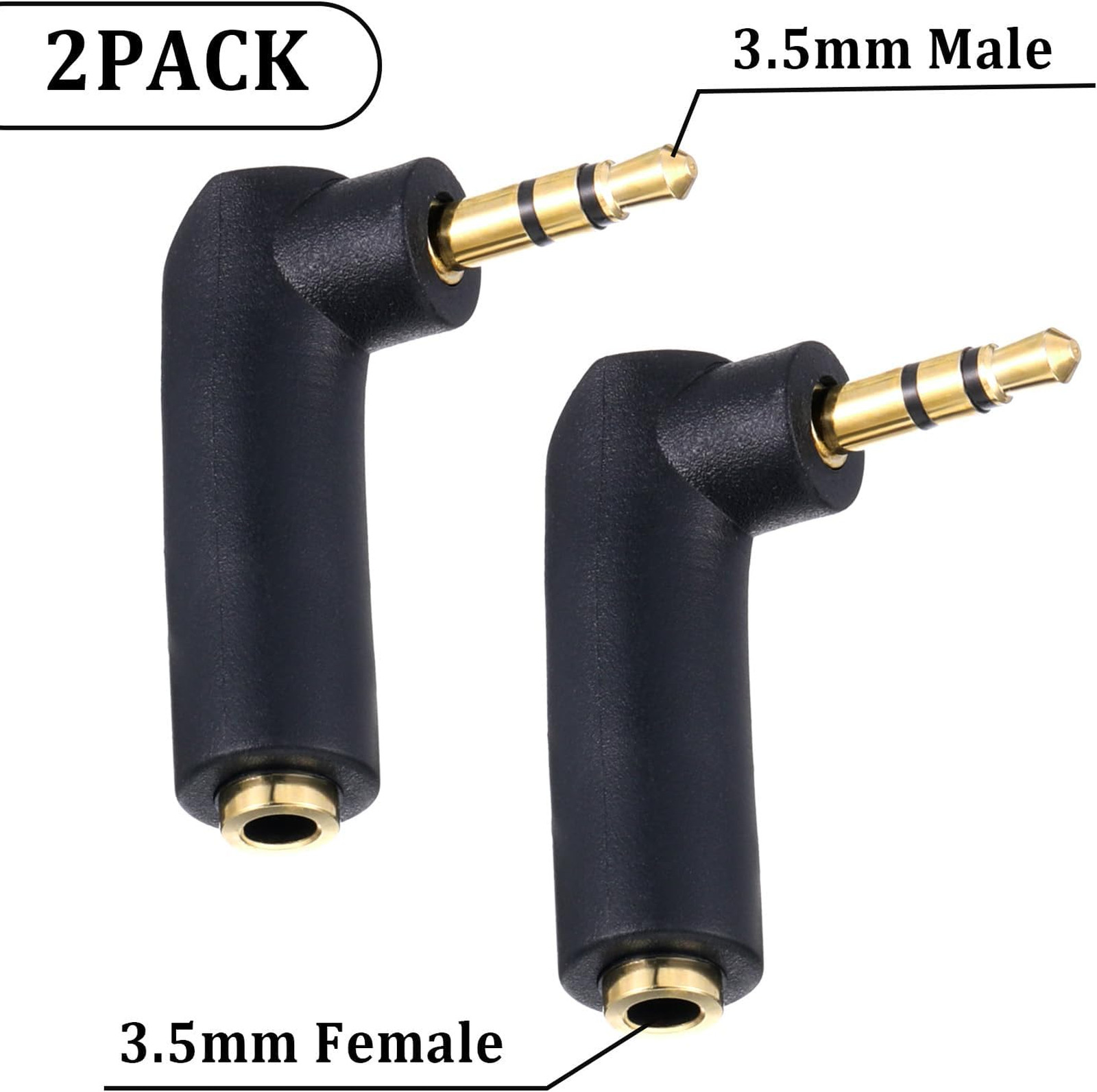 3.5mm Male to Female Audio Adapter 90 Degree Gold-Plated TRS Stereo Jack 2 Pack