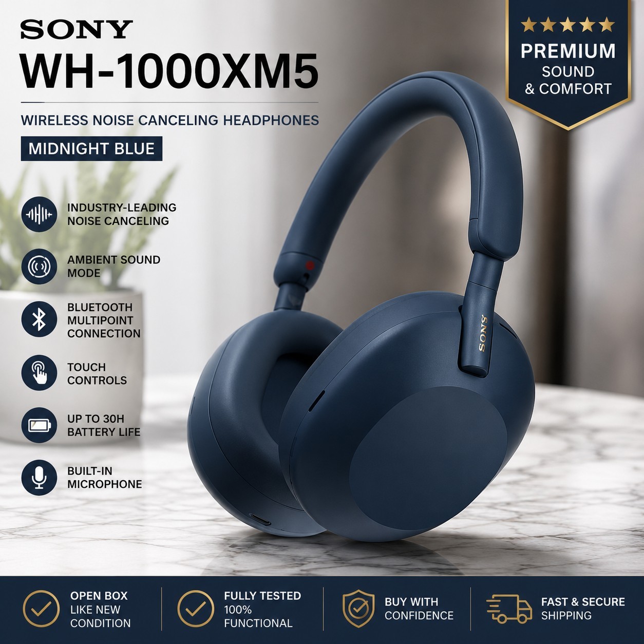 Sony WH-1000XM5 Wireless Noise Canceling Bluetooth Headphones Midnight Blue