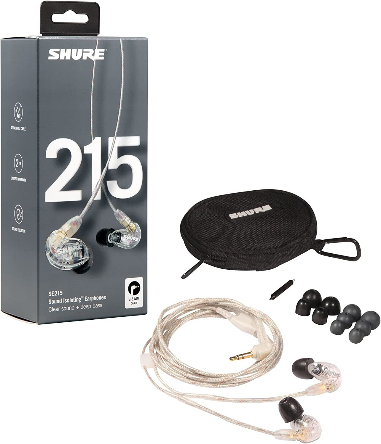 New SHURE SE215-CL In-Ear Earphones Headphones Earbuds IEM Monitors wired, CLEAR