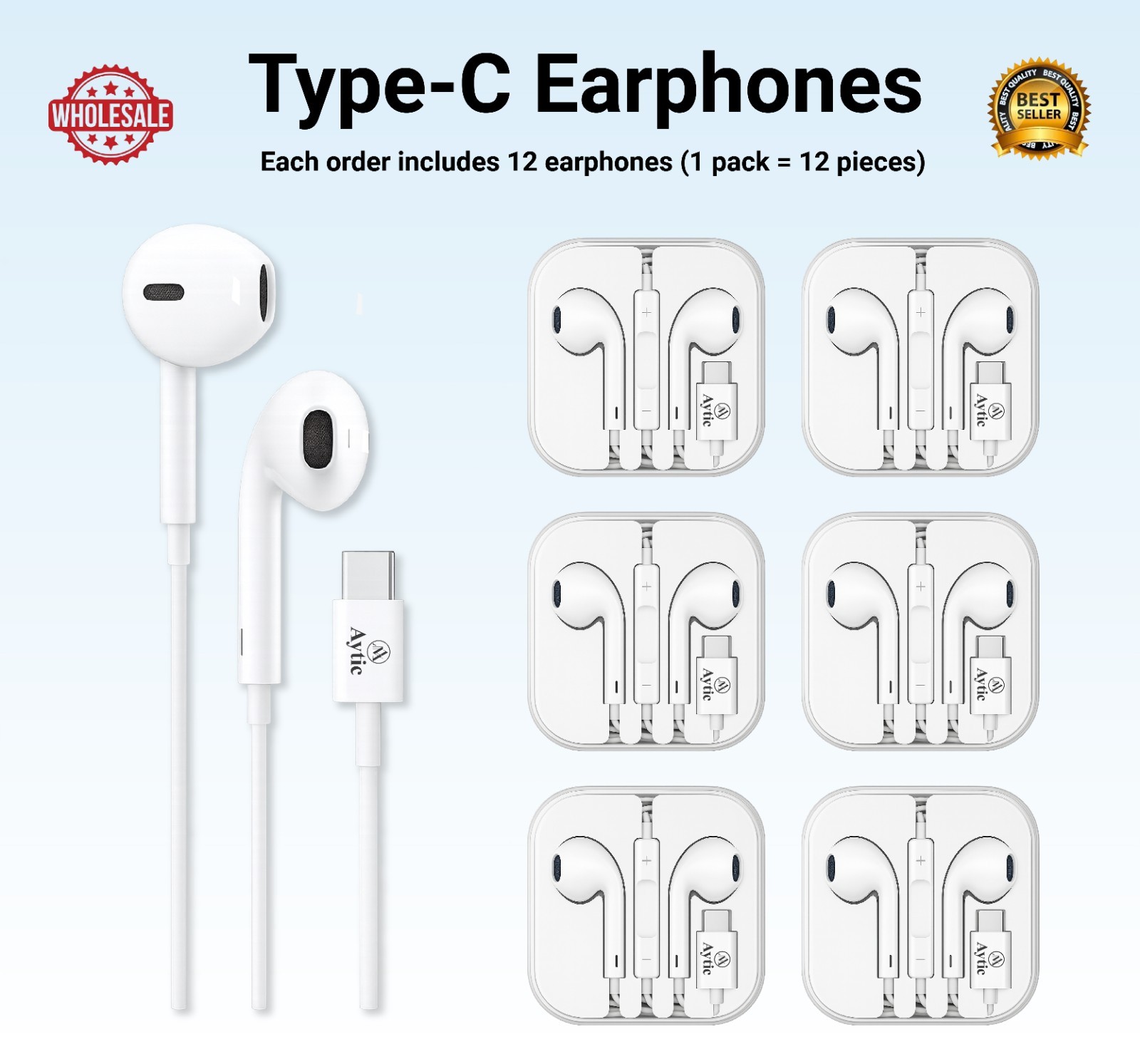 [100-Pack] Wholesale Aytic Type-C Wired Earphones Stereo Headphones with Mic