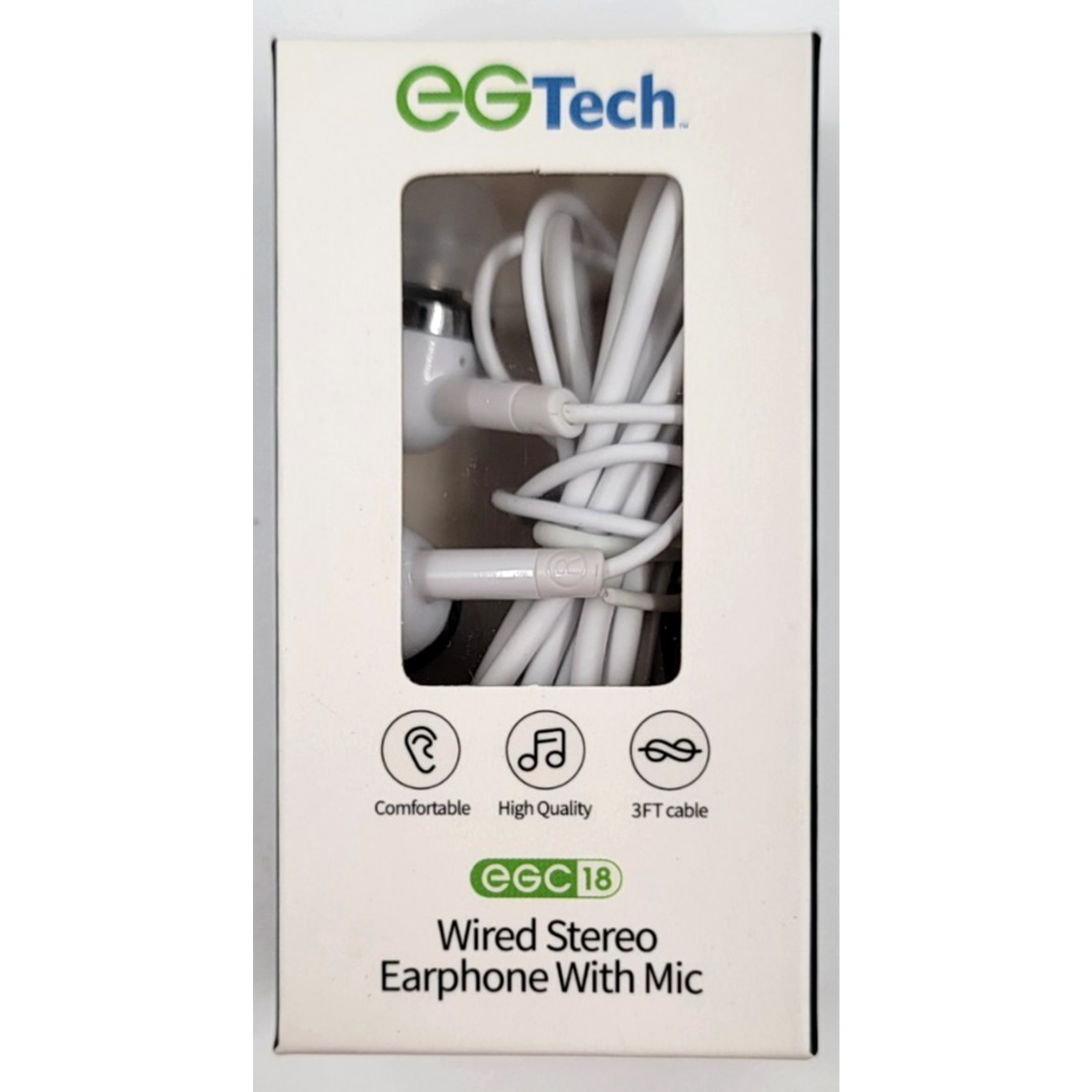 EGTech Wired Stereo Earphone With Microphone White Cord 3′ Comfortable Lot of 3